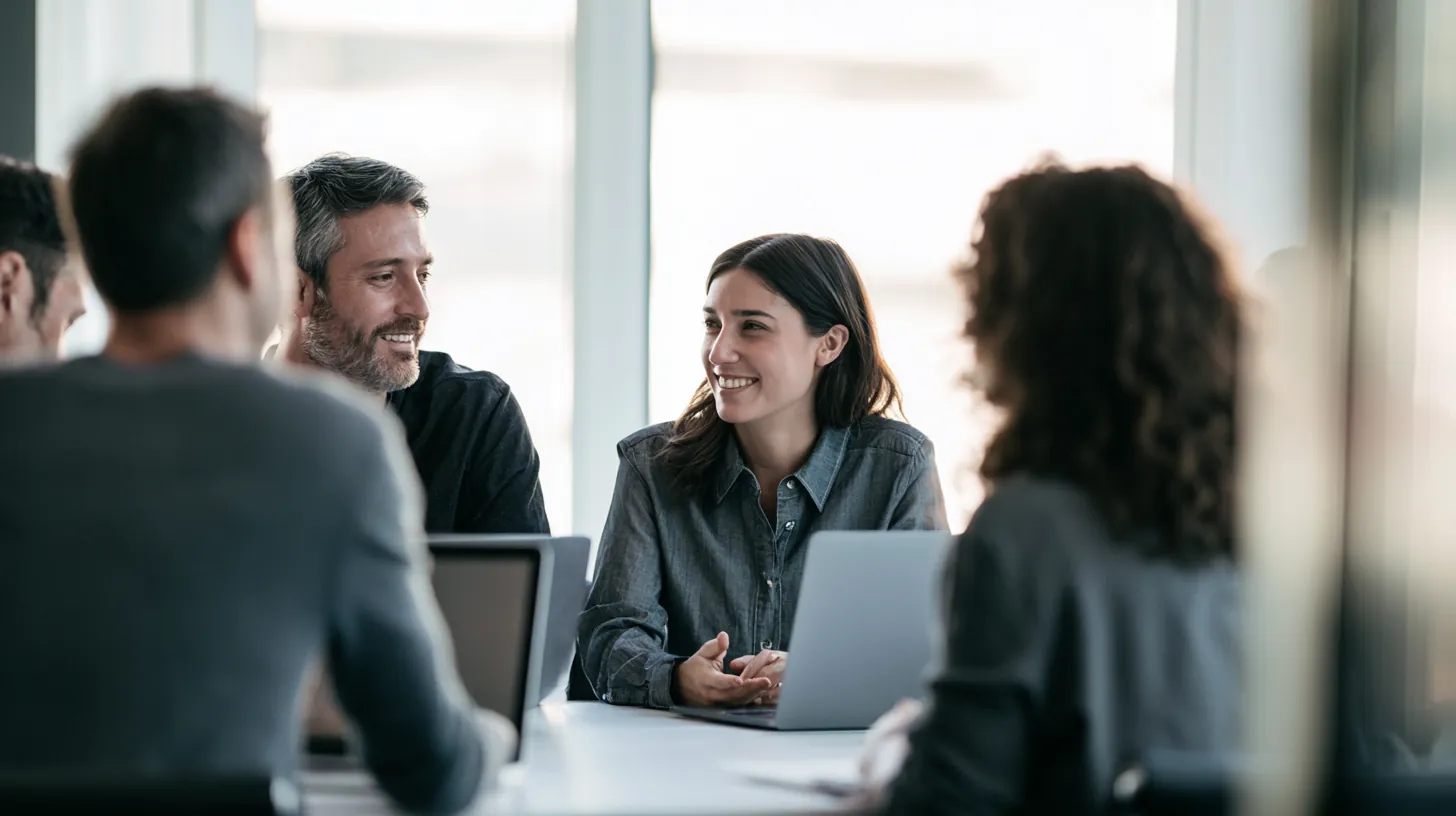 Uplyft Capital team members collaborating around a table in a bright office