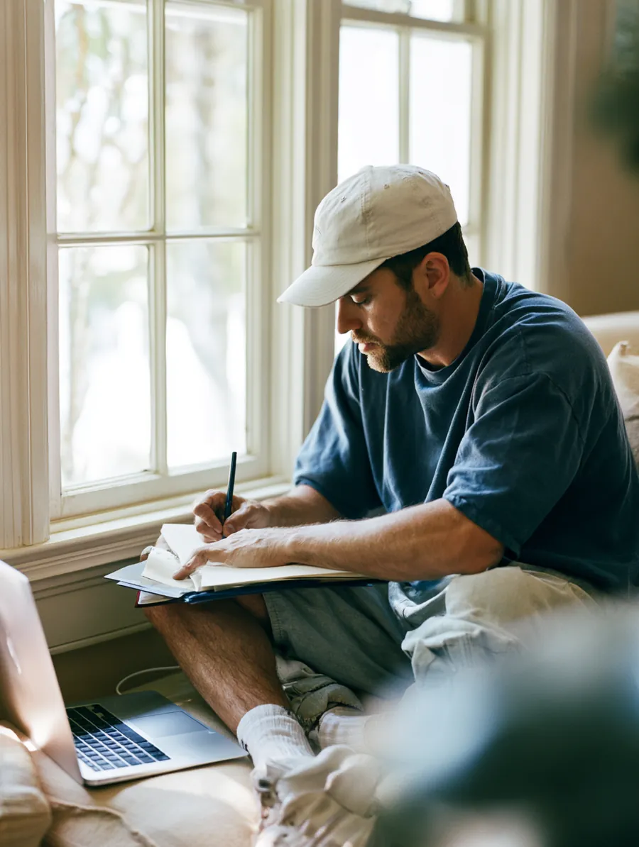 Writer drafting an Uplyft Capital blog guide in a notebook by a large window