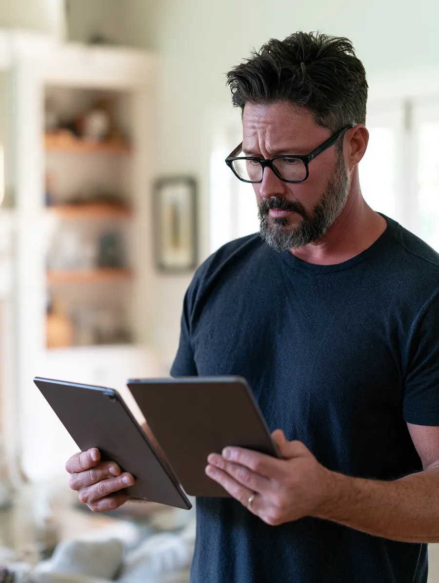 Man comparing personal loan offers on two tablets in his living room