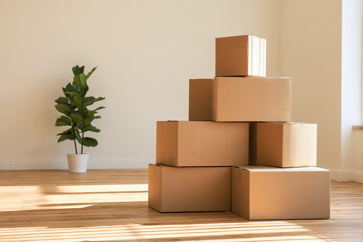 Stack of cardboard moving boxes in an empty bright apartment, from the Uplyft Capital moving checklist