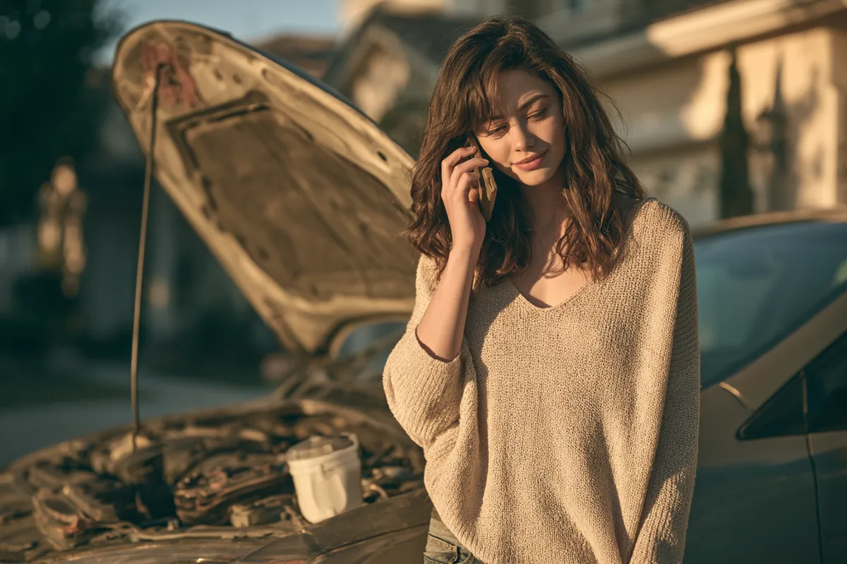 Woman calmly on the phone beside her car with the hood open, arranging an Uplyft Capital repair loan