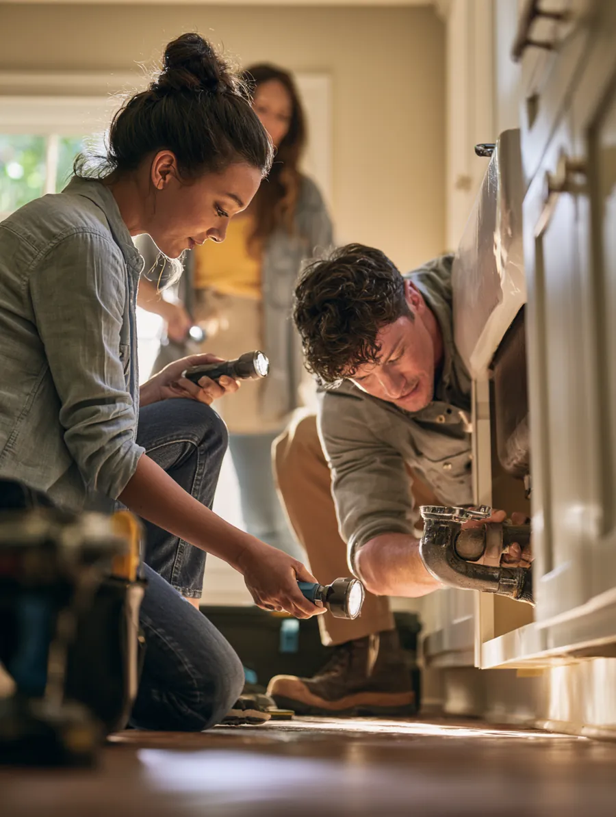 Plumber repairing a kitchen sink while the homeowner holds a flashlight, a common emergency loan expense
