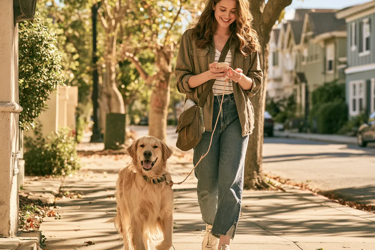 Young woman walking her dog while checking an Uplyft Capital personal loan decision on her phone
