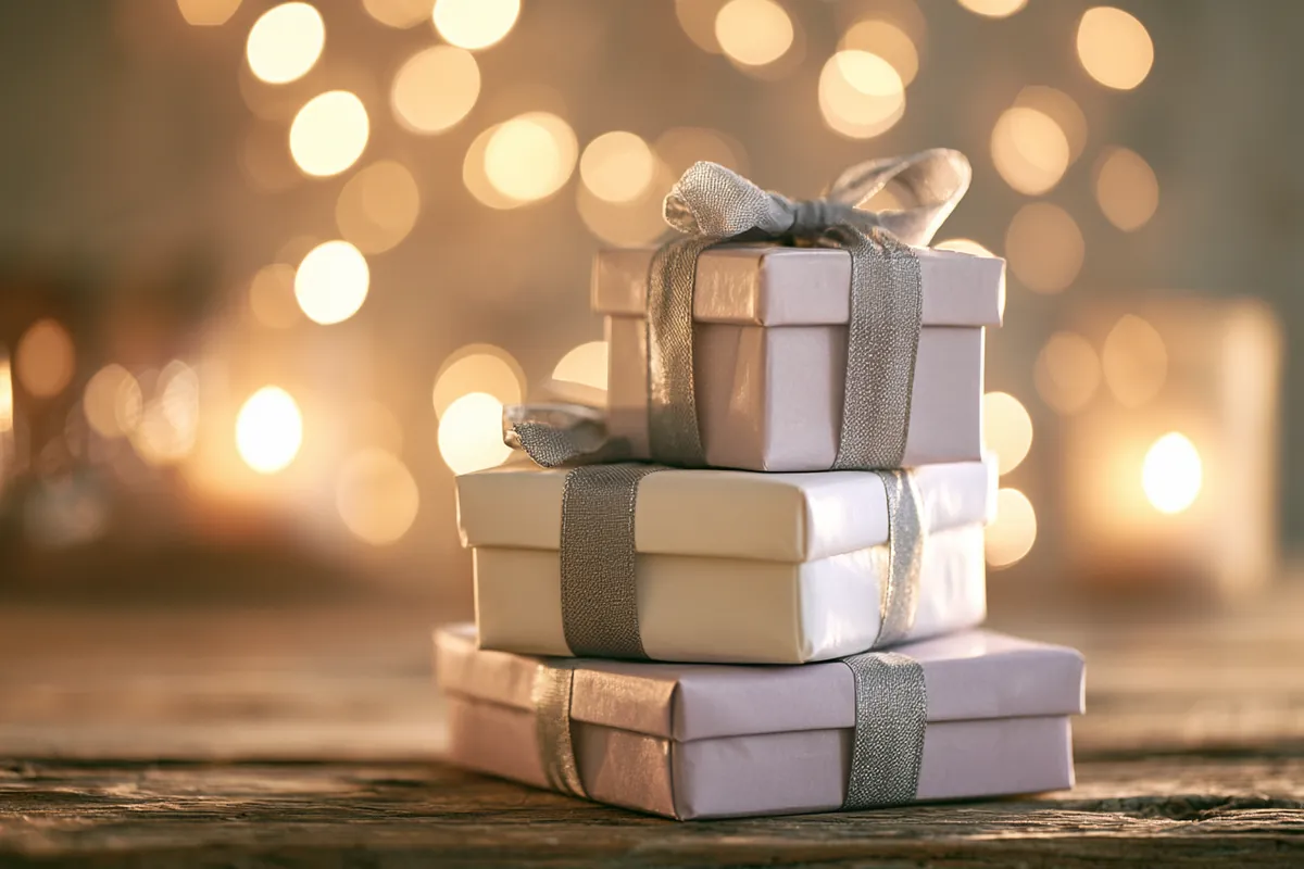 Gift boxes wrapped in white and lavender paper, planned with the Uplyft Capital holiday budget worksheet