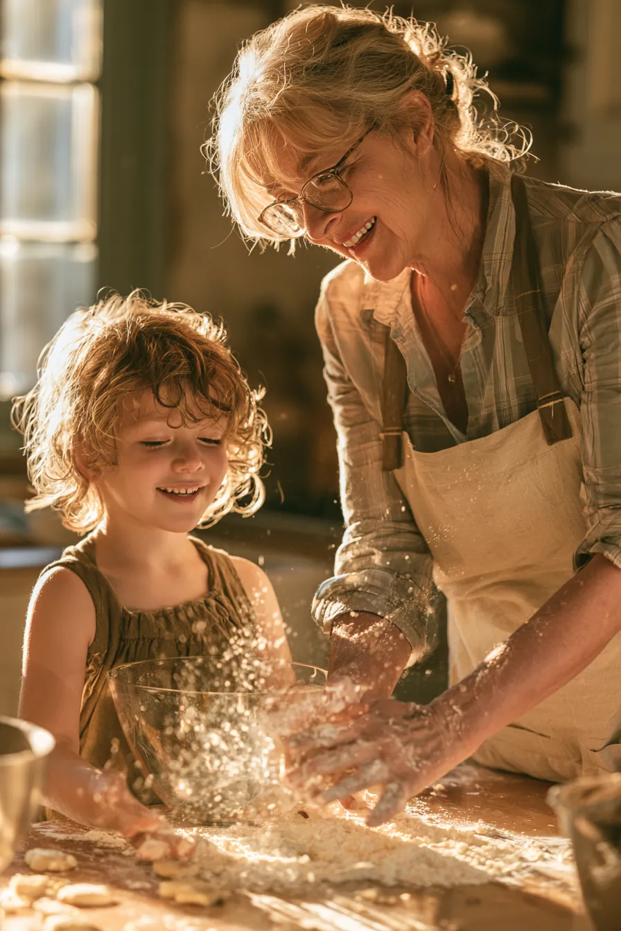 Grandmother and grandchild baking holiday cookies together in a warm kitchen
