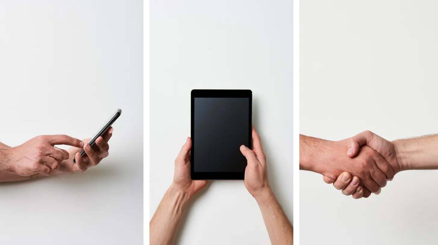 Three pairs of hands showing the Uplyft Capital process: phone, tablet, and handshake
