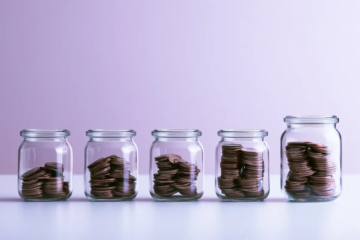 Row of glass jars with coins rising in level, representing steady Uplyft Capital installment payments