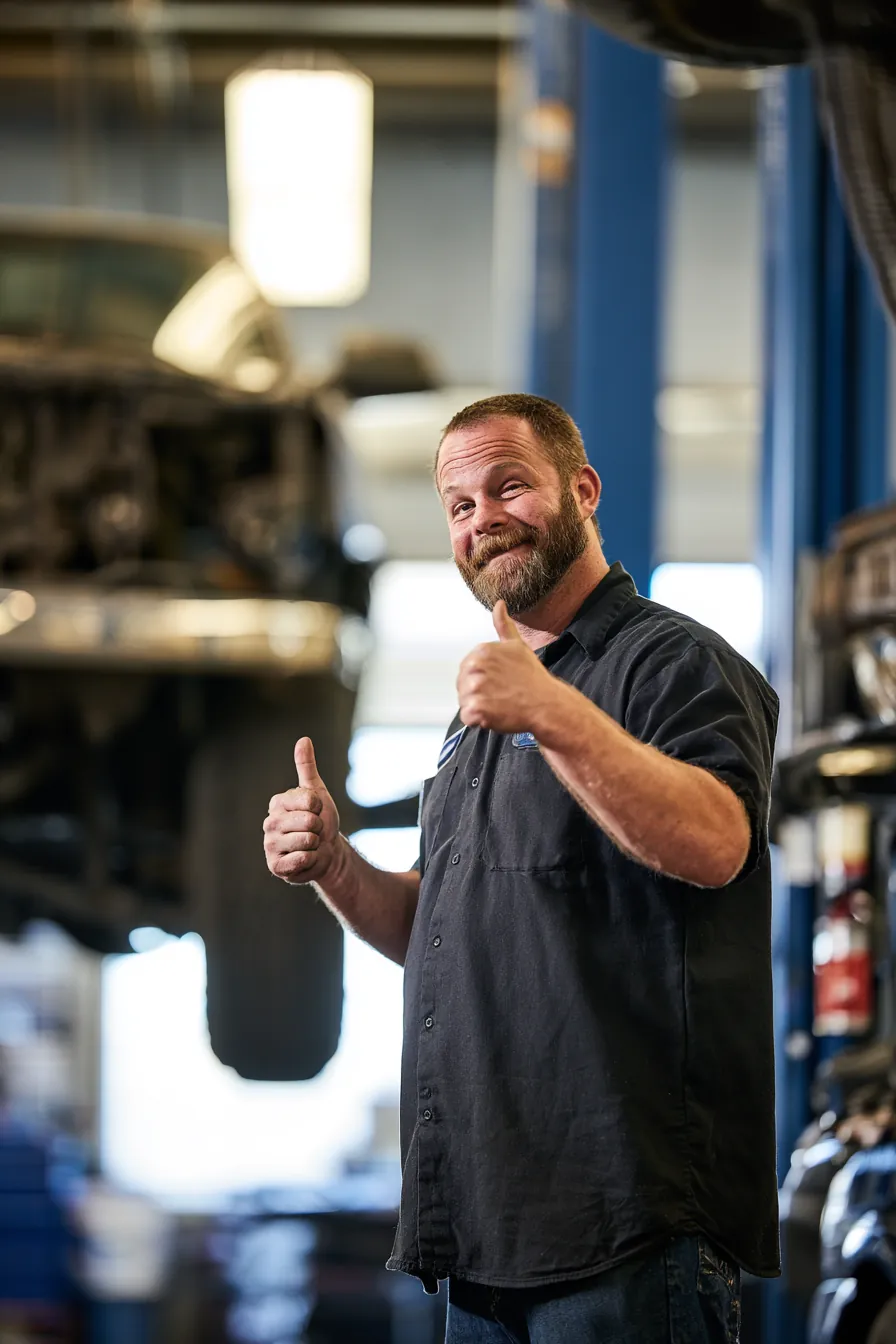 Mechanic in a clean workshop giving a thumbs up after completing a repair