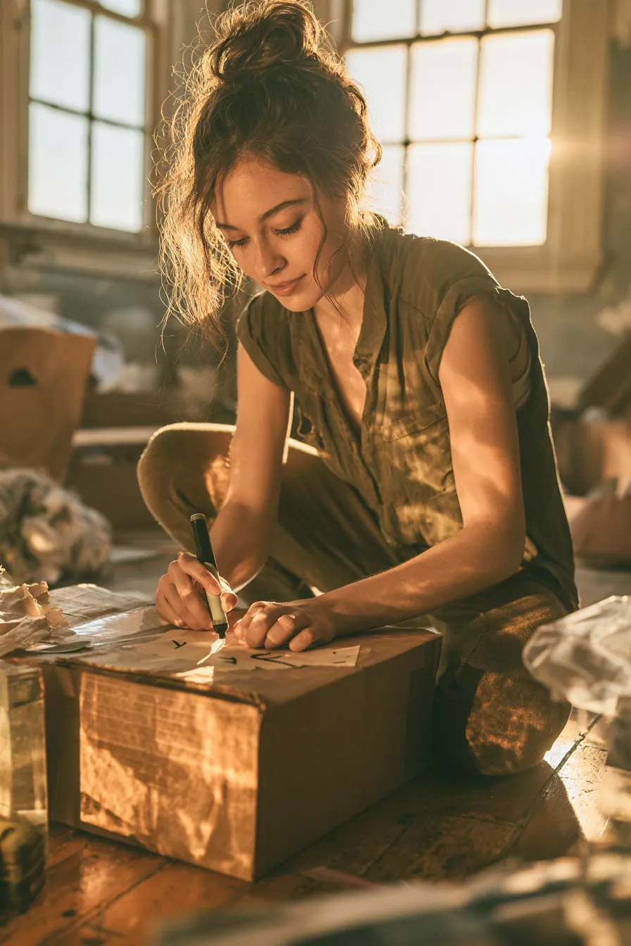 Woman labeling moving boxes in her living room before a move financed with an Uplyft Capital loan