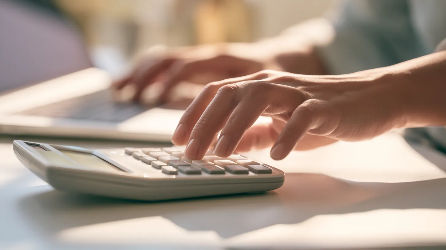 Hands using a desk calculator next to a laptop with the Uplyft Capital personal loan calculator