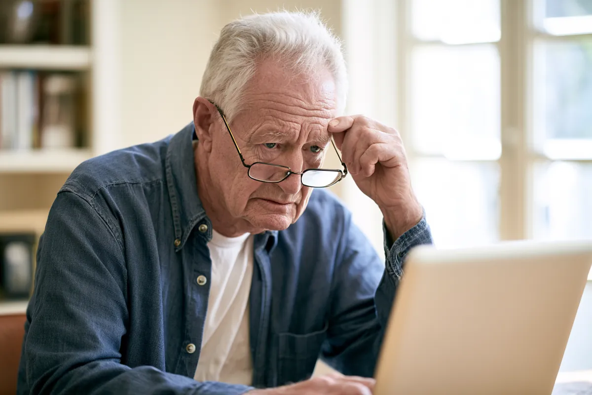 Senior man at a laptop checking a loan offer against the Uplyft Capital scam checklist